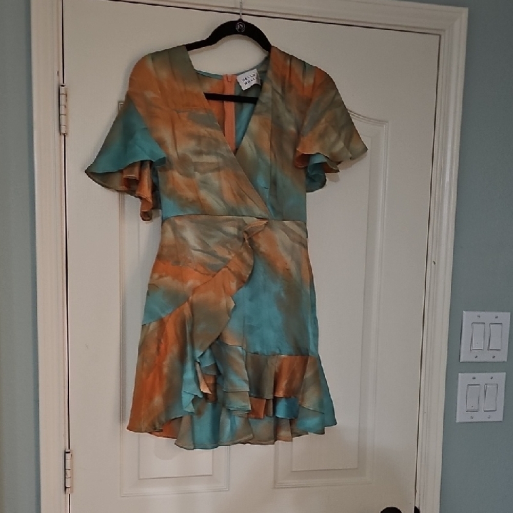 Hello Molly Teal and Rust Watercolor Wrap Mini Dress
